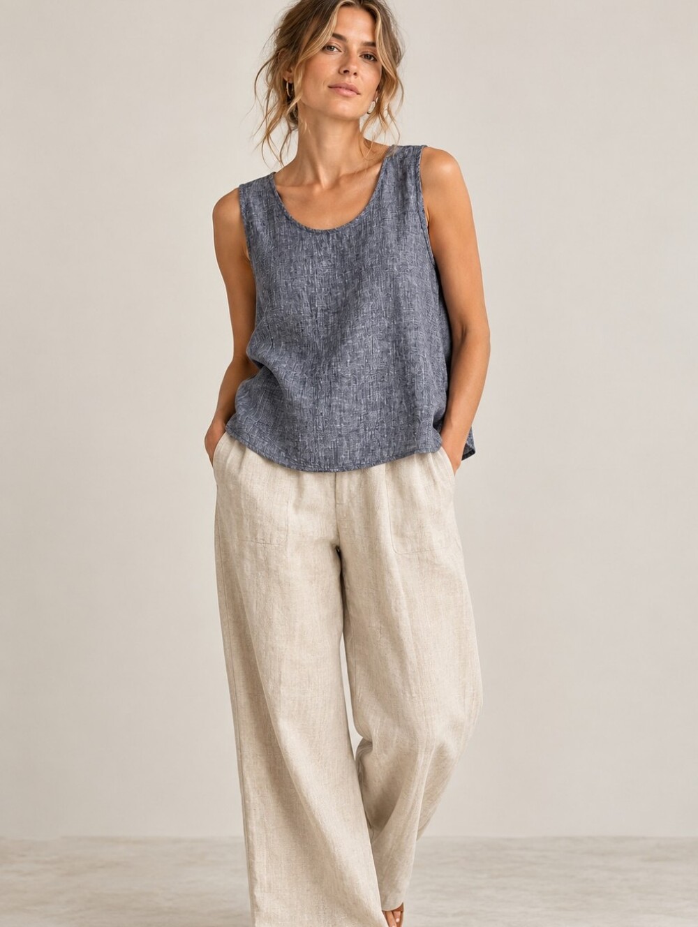 NWT FLAX Pure Crosshatched LINEN Sleeveless Tank Top In COAL Black White Large